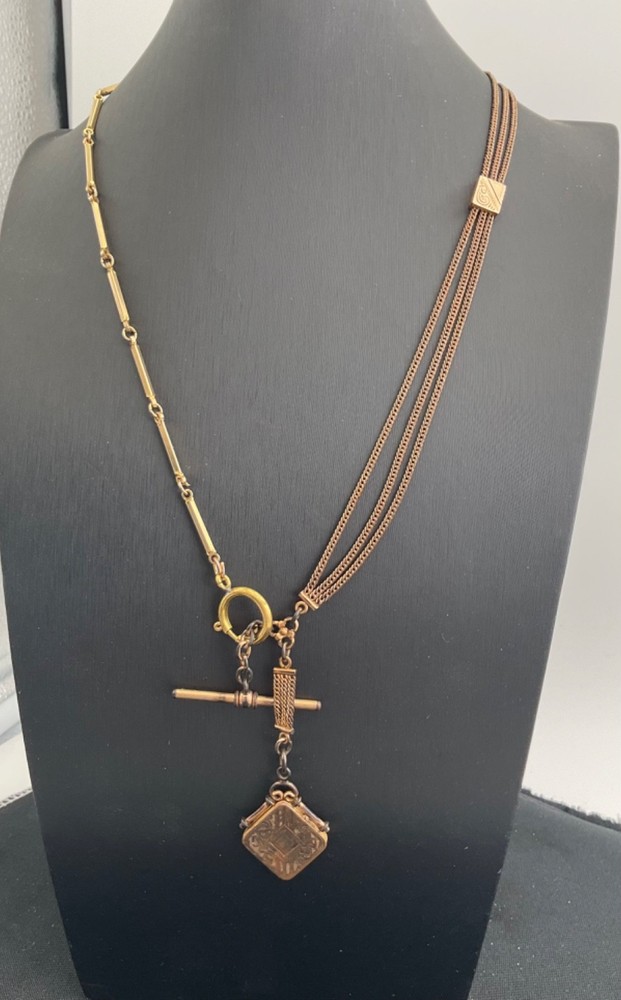 Antique Gold Filled/Plated Pocket Watch Chain Necklace With Locket & T-Bar