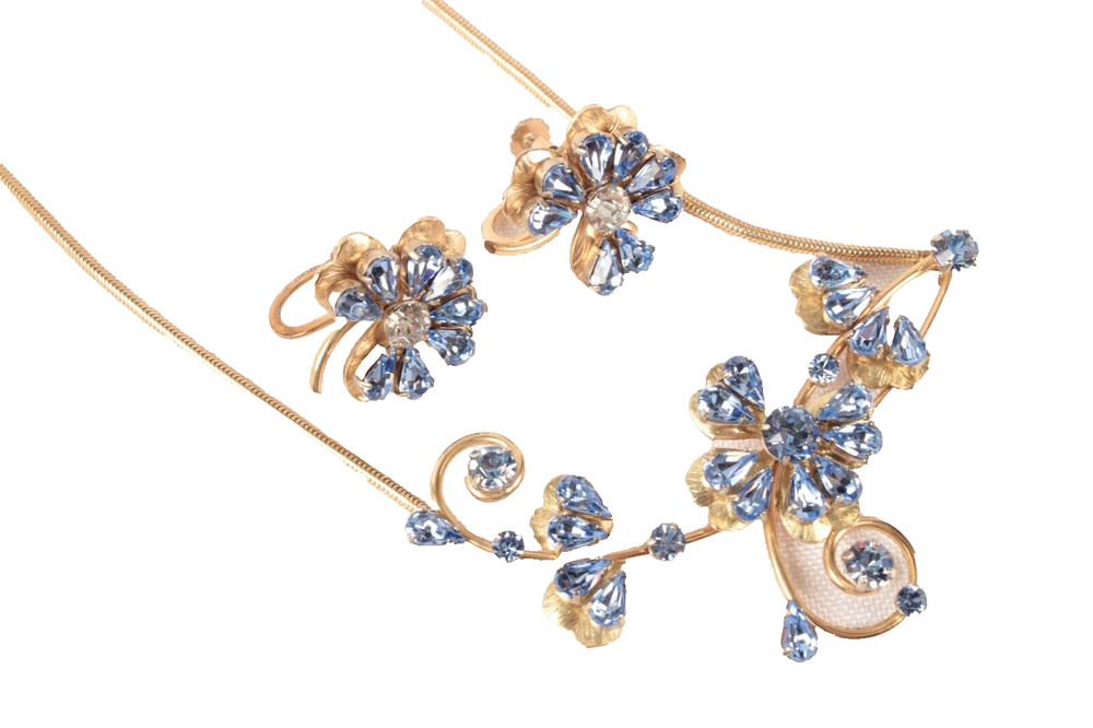 Vintage Choker Necklace and Earring Set Blue Clover Design 15.5 Inches