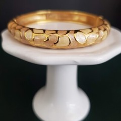 Vtg JOAN RIVERS Hinged Bangle Cream and Copper Enamel Mosiac Gold Tone Signed