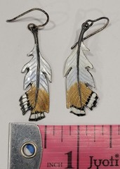 Vintage Silver Cloisonne Enamel Feather Dangle Drop Earrings Boho 1.5″