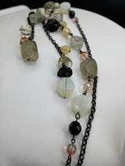 Vintage Glass & Opalite Beaded Tassel Necklace Faux Lariat Black Chain 27″ Long