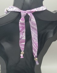Vintage Purple Silk Wrapped Bead Necklace White Swirl Silver Tone Spacers 22″