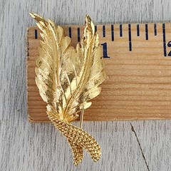 Vintage MONET Signed Brooch Pin 2” Gold Tone Textured Double Leaf Quiet Elegance