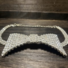 Necklace Choker Bow Tie Rhinestone Silver Tone After 5 Statement Y2K 2000s