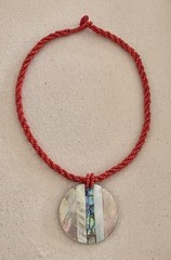 Vintage Abalone Shell Coral Seed Beaded Twist Pendant Disc Statement Necklace