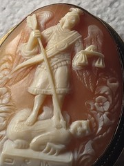 Vintage St. Michael Archangel Cameo Brooch 10k GF Signed S.M. in AMCO Setting