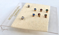 Vintage Clear Blue Red & Green Rhinestone Stud Pierced Earrings 2.5mm in Card