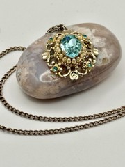 VTG 1940s Scrollwork Brooch Aqua Blue Glass Faux Pearl With Gold Tone