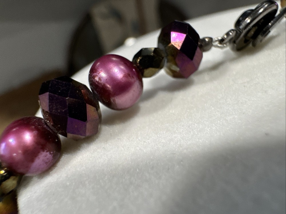 Vintage Beaded Necklace Purple Plum Crystal Faux Pearl Choker Art Deco