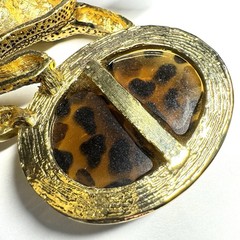 Vintage LEOPARD Cat BROOCH – Inset Enamel Molded Cabochon & AB RS – Gold plating