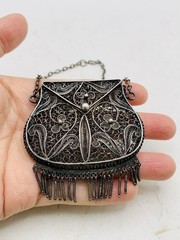 Antique Silver Tone Intricate Filigree Swirl Flower Coin Perfume Purse Pendant
