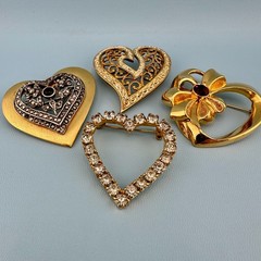 Vintage Heart Brooch Lot Gold Silver Tone Rhinestone Filigree Open Work Ribbon