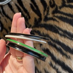 S Set of 4 Vintage Metal and Black, White, and Green Enamel Bangle Bracelets