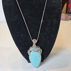 Vintage 925 Sterling Silver Pendant Signed AF Design Turquoise, Blister Pearl