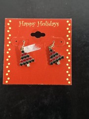 Vintage JC Penny Holiday Motif Christmas Tree Rhinestone Earrings Red And Green