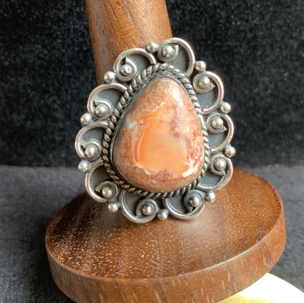 Mexican Fire Opal Ring S 7.75 Natural Red Flash Cantera Opal 925 Sterling Silver