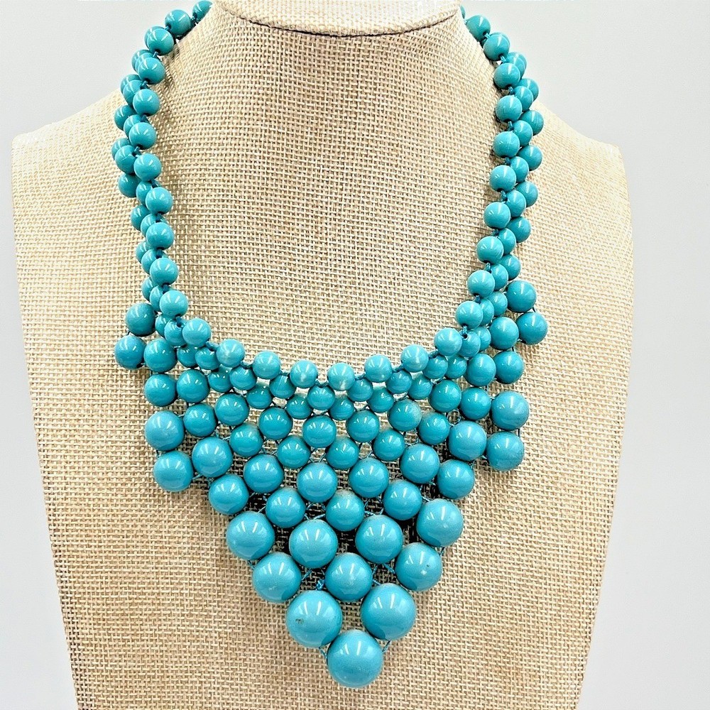 Vintage Style Teal Turquoise Blue Beaded Bib Statement Necklace Boho Chic Retro