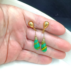 Vintage Venetian Glass Clip Earrings Dangle Hook Green Yellow Striped Cone 1.75″