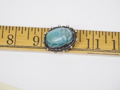 Antique brooch pin Egyptian scarab silver & ceramic jewelry signed in two places