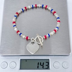 Vintage Sterling Silver 925 Red White Blue Glass Bead Heart Toggle Bracelet 7.5″