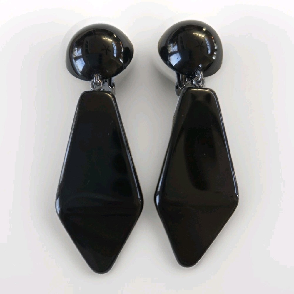 Vintage Black Faceted Drop Dangle Earrings Acrylic Silver Tone 3in Long