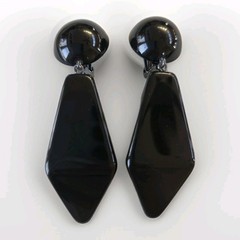 Vintage Black Faceted Drop Dangle Earrings Acrylic Silver Tone 3in Long