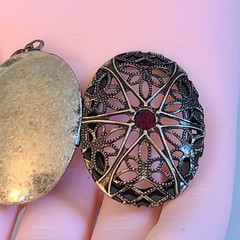 SALE Vintage Gothic Locket Pendant Red Glass Stone Spiderweb Filigree Starburst