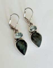 Vintage Sterling Silver Blue Topaz Labradorite Drop Dangle Lever-back Earrings