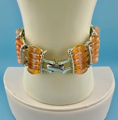 Vintage Bracelet Peach Pink Melon Frosted Lucite Thermoset Silver Tone Wide 6″