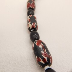Vintage Barrel Bead Necklace Red Black White Abstract Tribal 22″ Matinee Length