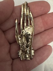 Vintage Hand Brooch Red & White Rhinestone Enamel Nails Figural Statement Pin