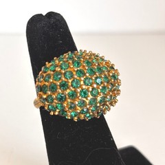 Vintage Cocktail Ring Gold Tone Emerald Green Rhinestone Pave Dome Adjustable