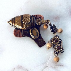 Vintage Mixed Metal Floral Dangle Brooch Boho Hippie Gypsy Style Beaded Accent