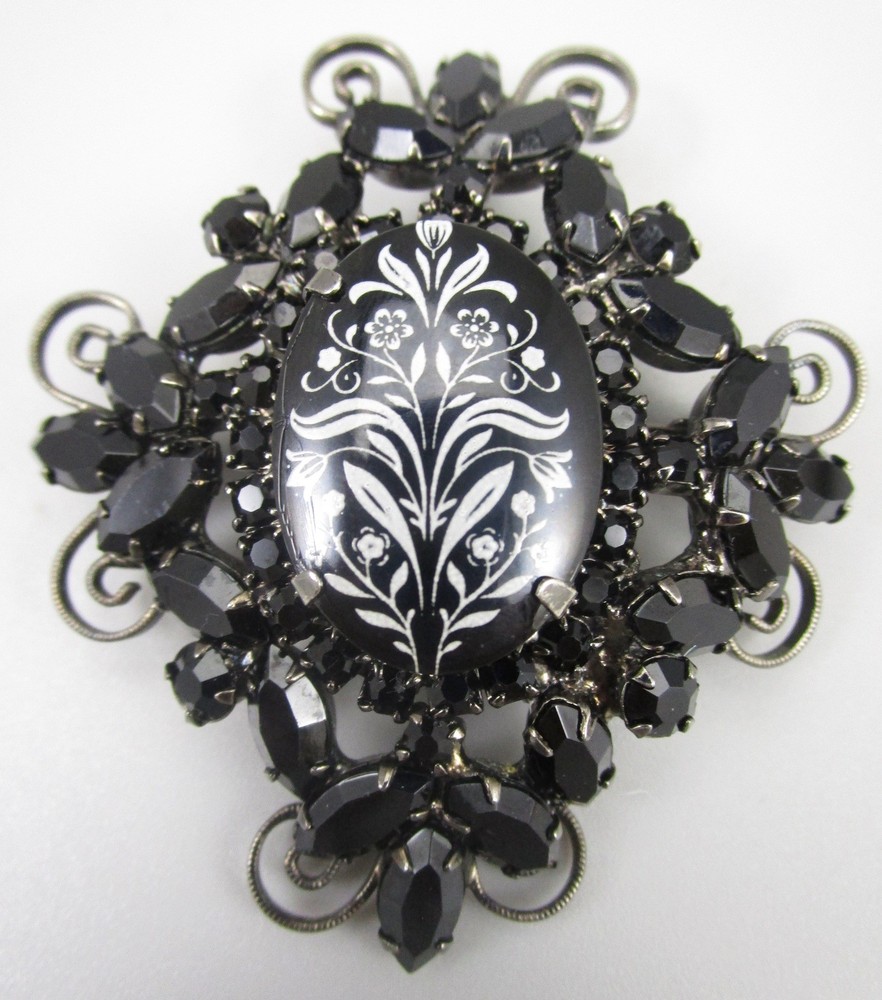 BEAUTIFUL DELIZZA & ELSTER JULIANA JAPANNED JET RHINESTONE ART GLASS BROOCH PIN