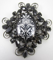 BEAUTIFUL DELIZZA & ELSTER JULIANA JAPANNED JET RHINESTONE ART GLASS BROOCH PIN