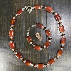 Carnelian Agate Beads w/ Clear, & Amber-Colored Spacers VTG Jewelry Set