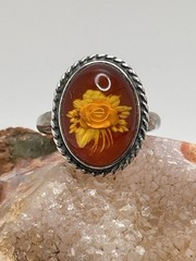 925 Sterling Silver Carved Rose Baltic Amber RING Size 7.25 Estate Vintage
