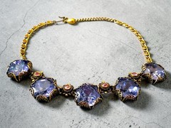 Art Nouveau Austrian Lilac Purple & Pink Crystal Brass Filigree Necklace