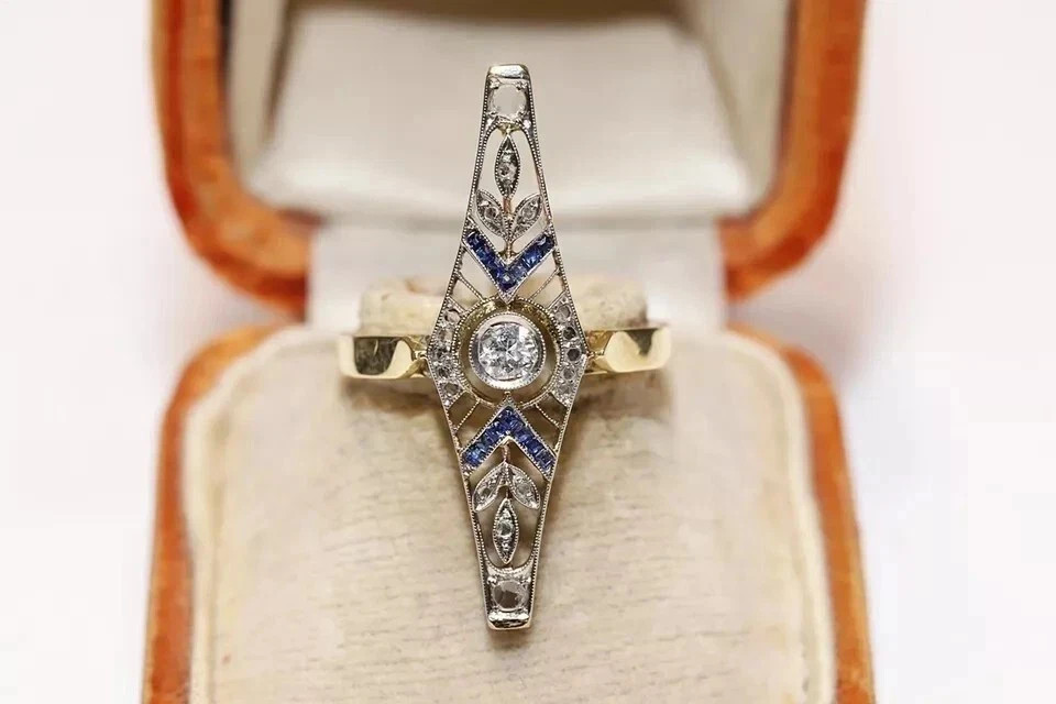 Art Deco Style Round Lab Created Diamond Sapphire 14K Gold Finish Wedding Ring