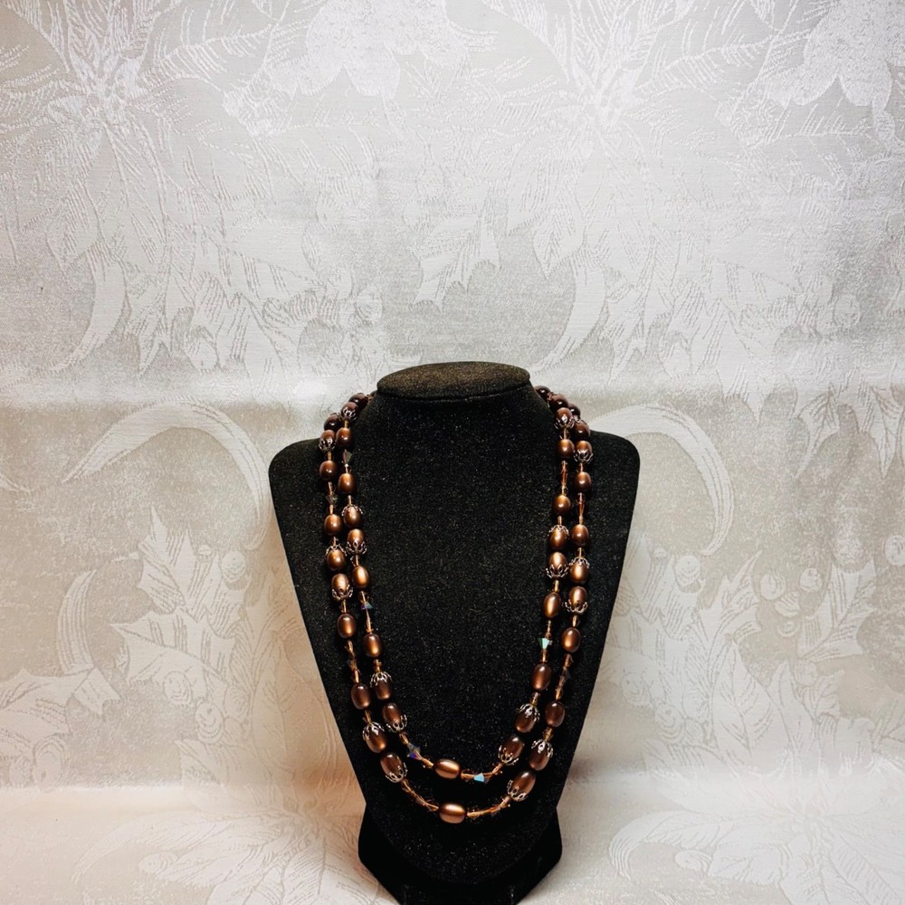NECKLACE vintage brown acrylic ovals AB faceted beads hidden box clasp 20 1/2″ c
