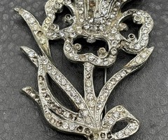 HUGE Vintage Art Deco Pot Metal Rhinestone Iris Flower Brooch Pin READ