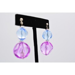 Vintage Lucite Beaded Dangle Earrings Blue Juicy Pink Drop Chunky Bright 80s W1