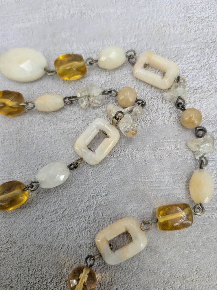 Long 42 inch Artisan Made Necklace Quartz Citrine Stones Gold And Silver Tone