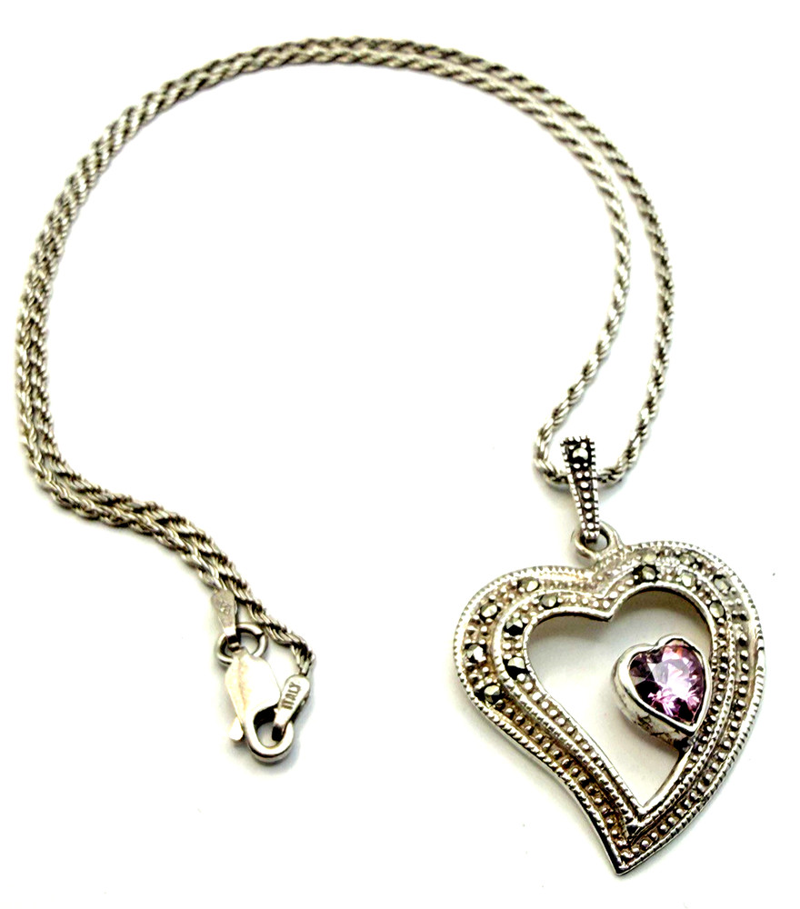 Sterling Silver Marcasite Double Heart Pink CZ Pendant and 16″ Rope Necklace