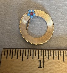 60s Retro 14K Brushed Gold Circle Pin Turquoise Ruby Flower Vintage Brooch 1″