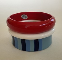 Vintage Lot 3 Chunky Bangles Red White Blue Stripes Lucite Plastic Mix Retro