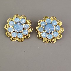 Rhinestone Flower Brooch Clip On Earrings Set Blue Opalite Round