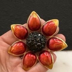 Vintage Swarovski Flower Brooch Red Enamel Black Swarovski Crystals Gold Tone