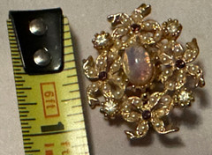 Vintage Faux Fire Opal & Rhinestone Pearl Diamond Brooch Gold Tone Beautiful