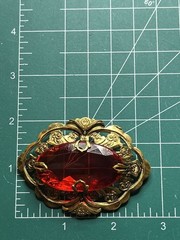 Vintage Large Red Glass Ornamental Brass Setting Brooch Missing Pin READ